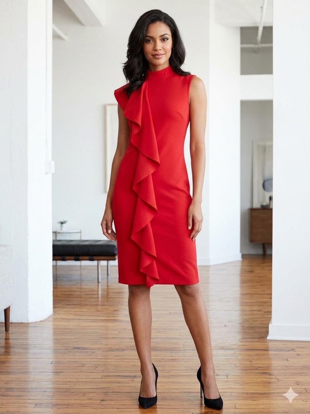 Est. 1946 Sleeveless Red Ruffle Midi Dress - Classic Feminine Sheath